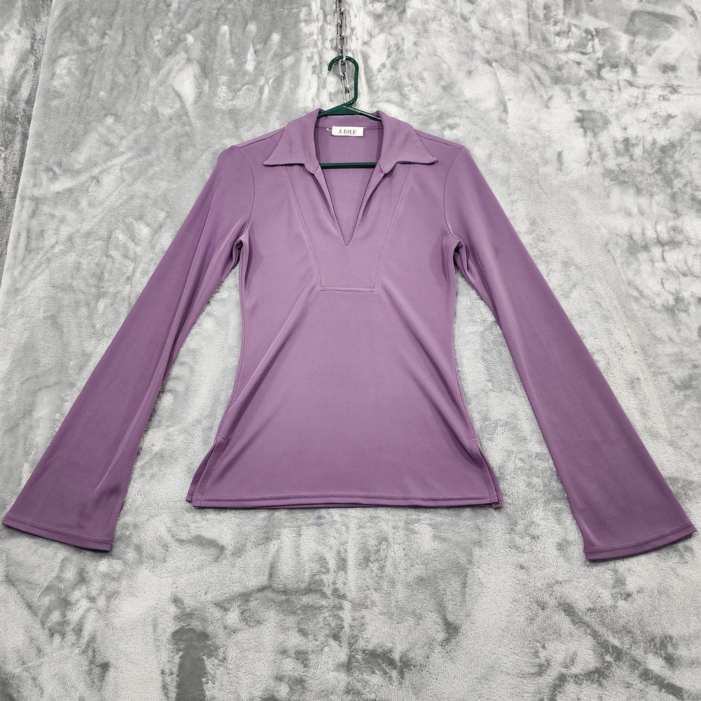 Vintage A. Byer Top Womens L Purple Long Bell Sleeve Collared Popover Stretch